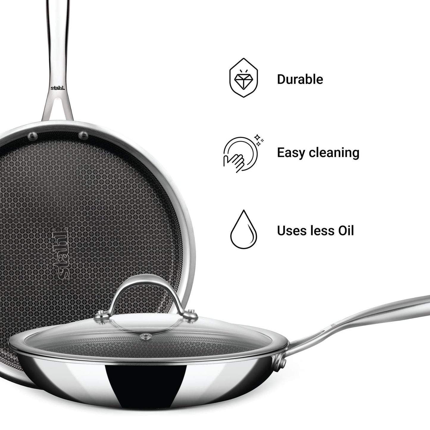 Stahl Artisan Hybrid Combo – Dosa Tawa 28cm + Fry Pan 24cm + Glass Lid (24cm)