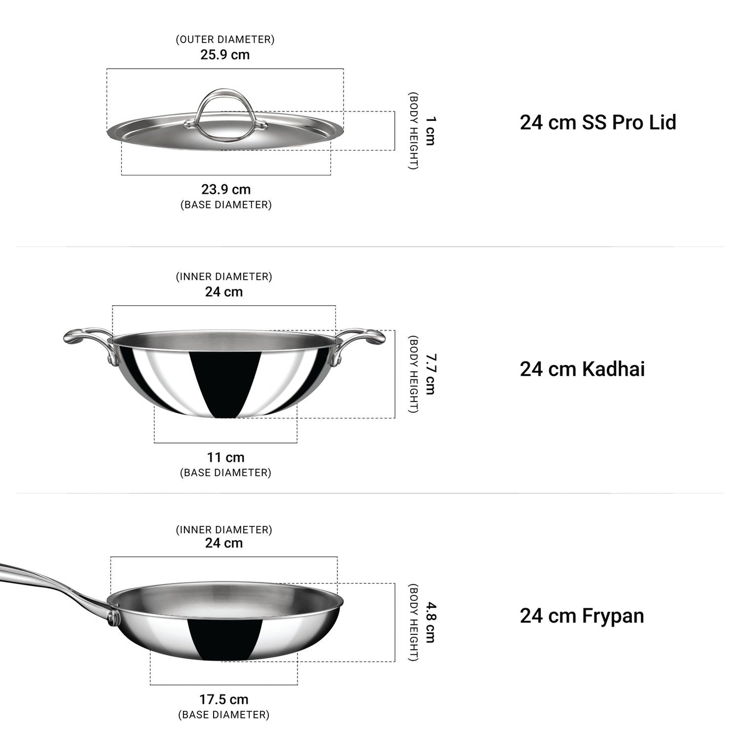 Stahl Artisan Triply Combo – Kadhai 24cm + Fry Pan 24cm + SS Pro Lid (24cm)