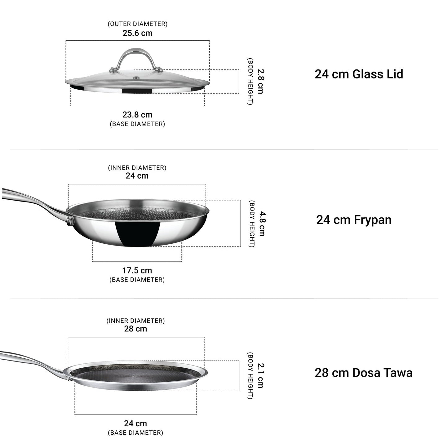 Stahl Artisan Hybrid Combo – Dosa Tawa 28cm + Fry Pan 24cm + Glass Lid (24cm)