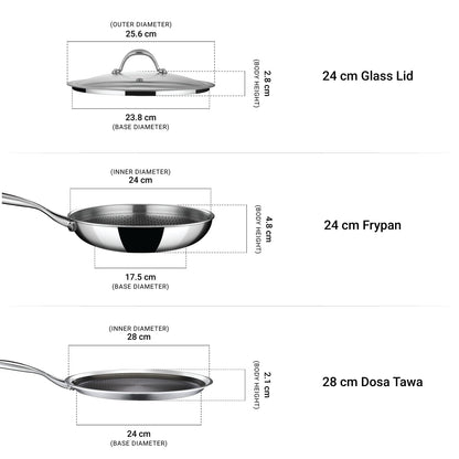 Stahl Artisan Hybrid Combo – Dosa Tawa 28cm + Fry Pan 24cm + Glass Lid (24cm)