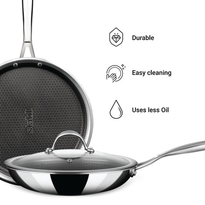 Stahl Artisan Hybrid Combo – Dosa Tawa 28cm + Fry Pan 24cm + Glass Lid (24cm)