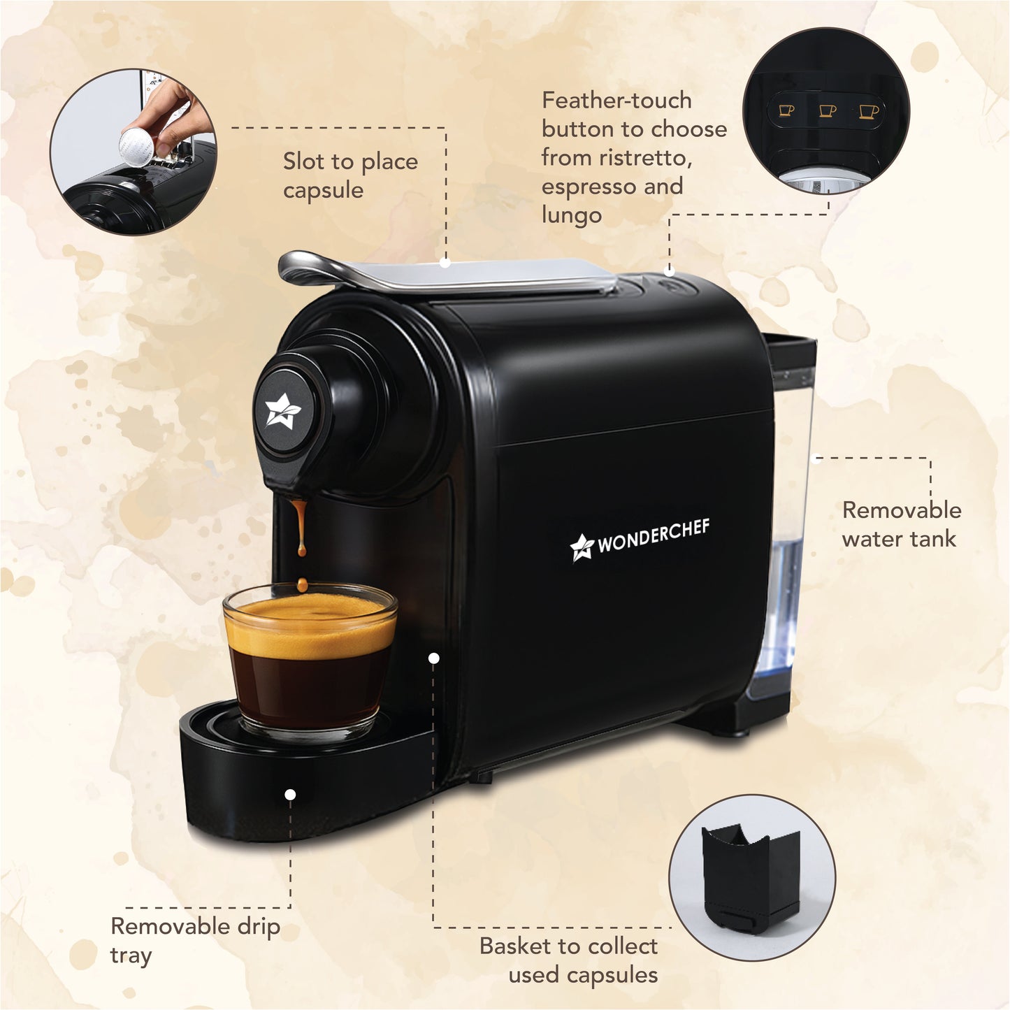 Regalia Capsule Coffee Machine with Frother | Perfect Coffee Base | Compatible with Starbucks and Coffeeza Capsules | 3 Coffee Shot options - Ristretto, Espresso, Lungo | Patented Capsule Ejection System | 1400W | 2 Year Warranty