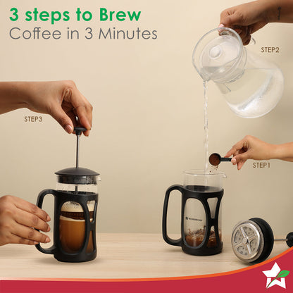 French Press Coffee Maker & Milk Frother Gift Combo | Brew in 3 Mins | Heat Resistant Borosilicate Glass Carafe | Battery-Operated Frother for Coffee, Hot Chocolate, etc.