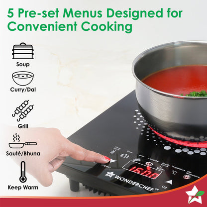 Easy Cook Hot Plate Infrared Cooktop | 2000 Watt | Feather Touch Control & 6 Power Settings | Pre-set Menus for Soups, Curries, Dals | Crystal Glass Top Surface | LED Digital Panel | Smart Touch Buttons | 1 Year Warranty