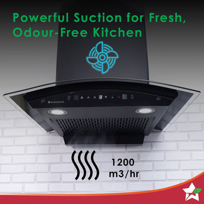 Ultima C-Line| 60cm | 1400 m3/hr | Auto Clean| Curved Glass Chimney | Baffle Filter | 1400M3/hr| Powerful Suction | Touch Control|  3 Speed Motion Sensor Technology| Low Noise | 7 Year Warranty|Black