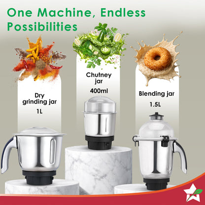 Cube 1000W Mixer Grinder, 3 Jars with Flow Breakers, Special Coarse Blade for Silbatta-style Khada Masala Grinding, Ideal for Grinding, Blending Chutney, Idli/Dosa Batter, 2-Yr Warranty