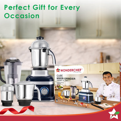 Cube 1000W Mixer Grinder, 4 Jars with Flow Breakers, Special Coarse Blade for Silbatta-style Khada Masala Grinding, Ideal for Grinding, Blending Chutney, Idli/Dosa Batter, 2-Yr Warranty