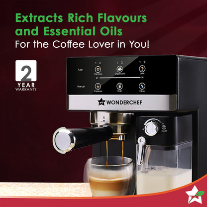 Regalia Automatic Coffee Maker, 20-bar with Auto-Frother, Make Espressos, Cappuccinos & Lattes at Home, With Milk Container & Steamer, Metal Porta Filter, Auto-clean, 2-Yr Warranty