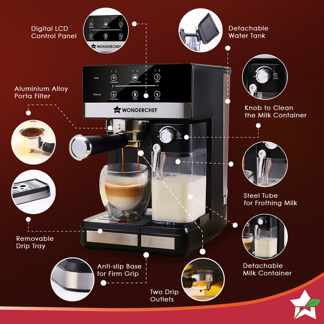 Regalia Automatic Coffee Maker, 20-bar with Auto-Frother, Make Espressos, Cappuccinos & Lattes at Home, With Milk Container & Steamer, Metal Porta Filter, Auto-clean, 2-Yr Warranty