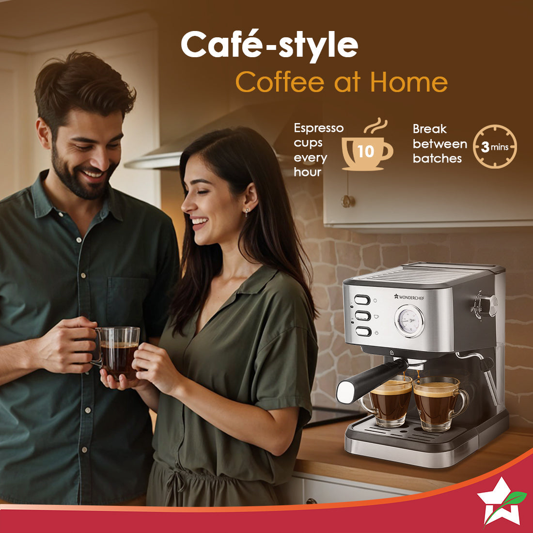 Regenta Espresso Coffee Machine, 19-bar, Make Espressos, Cappuccinos & Lattes at Home, With Steamer, Metal Porta Filter, Temperature Dial, 2 Year Warranty