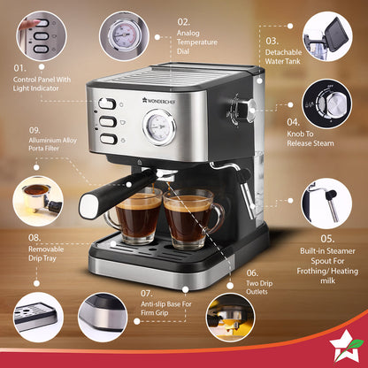 Regenta Espresso Coffee Machine, 19-bar, Make Espressos, Cappuccinos & Lattes at Home, With Steamer, Metal Porta Filter, Temperature Dial, 2 Year Warranty