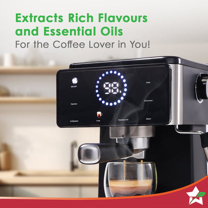 Rinaldi Espresso Coffee Machine | 20-bar Pressure | Digital Display | For Hot & Cold Espresso, Americano | Auto Cleaning | 2 Year Warranty