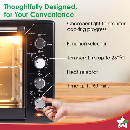 Oven Toaster Griller (OTG) - 28 Litres, Black - with Rotisserie,Auto-shut off, heat-resistant tempered glass, Multi-stage heat selection
