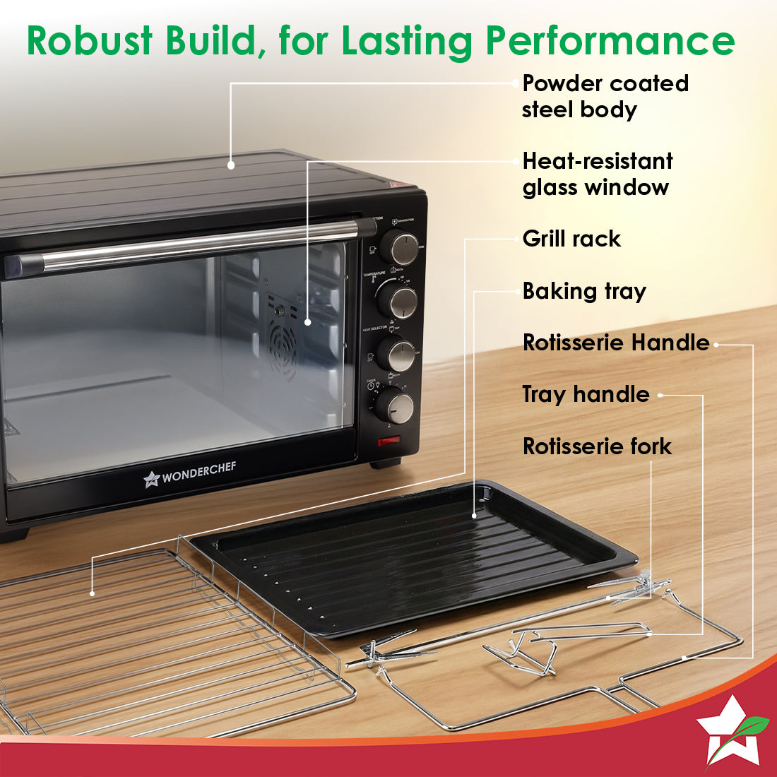 Oven Toaster Griller (OTG) - 28 Litres, Black - with Rotisserie,Auto-shut off, heat-resistant tempered glass, Multi-stage heat selection