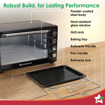 Oven Toaster Griller (OTG) - 28 Litres, Black - with Rotisserie,Auto-shut off, heat-resistant tempered glass, Multi-stage heat selection