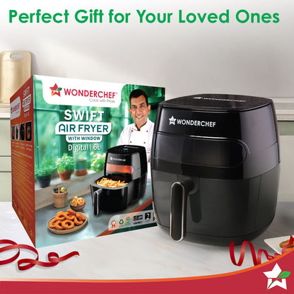 Wonderchef Renewed Swift Digital Air Fryer with Window | 1350W, 6 Litres | Rapid Air Technology | 7 Pre-set Functions | Non-stick Basket | Auto Shut-off | Touch Screen | Fry, Bake, Grill, Roast | 1-Year Warranty | Black