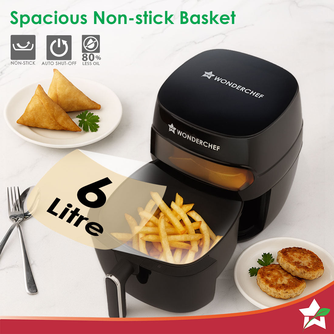 Wonderchef Renewed Swift Digital Air Fryer with Window | 1350W, 6 Litres | Rapid Air Technology | 7 Pre-set Functions | Non-stick Basket | Auto Shut-off | Touch Screen | Fry, Bake, Grill, Roast | 1-Year Warranty | Black
