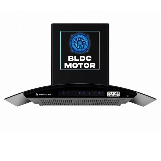 Ultra Curve 90cm Filterless Auto-clean Kitchen Chimney with Oil Collector, BLDC Motor, Suction 1700 m3/hr, Motion Sensor + Touch Control, 15-Yr Warranty on Motor & 5-Yr Comprehensive, Black