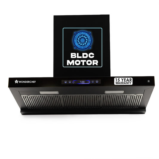 Ultra Sleek 90cm Filterless Auto-clean Kitchen Chimney with Oil Collector, BLDC Motor, Suction 1800 m3/hr, Motion Sensor + Touch Control, 15-Yr Warranty on Motor & 5-Yr Comprehensive, Black