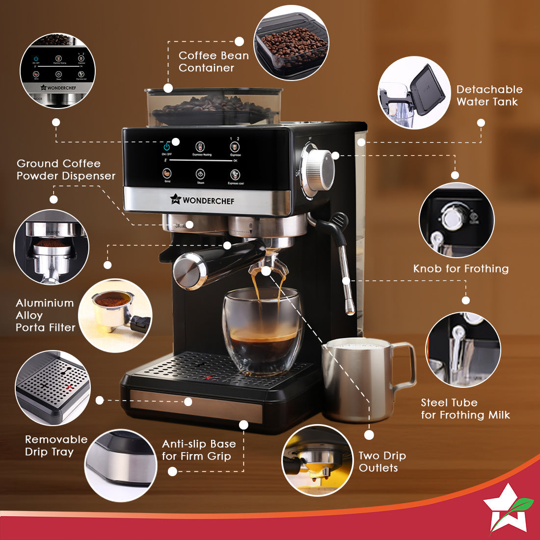 Regalia Espresso Machine & Coffee Grinder, 20-bar Pressure, Café-style Espresso, Hot & Cold Brew, 20 Grinding Options, 2-Yr Warranty