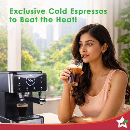 Rinaldi Espresso Coffee Machine | 20-bar Pressure | Digital Display | For Hot & Cold Espresso, Americano | Auto Cleaning | 2 Year Warranty