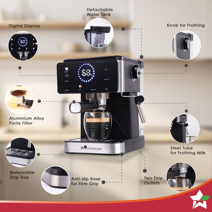 Rinaldi Espresso Coffee Machine | 20-bar Pressure | Digital Display | For Hot & Cold Espresso, Americano | Auto Cleaning | 2 Year Warranty