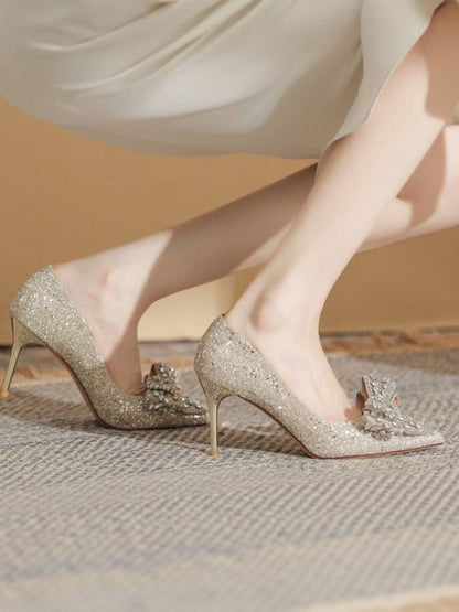 Women’s Glitter Bow Stiletto Heels – Elegant Sparkle Party Pumps