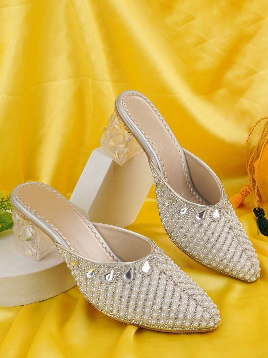 Women’s Embellished Mule Heels – Pearl Crystal Pointed Toe Party Slides