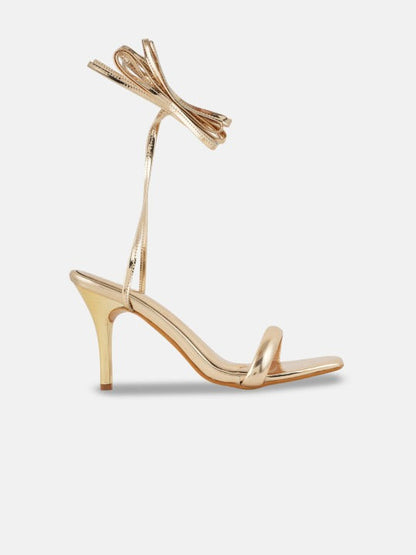 Women’s Gold Lace-Up Stiletto Sandals – Square Toe Gladiator Heels